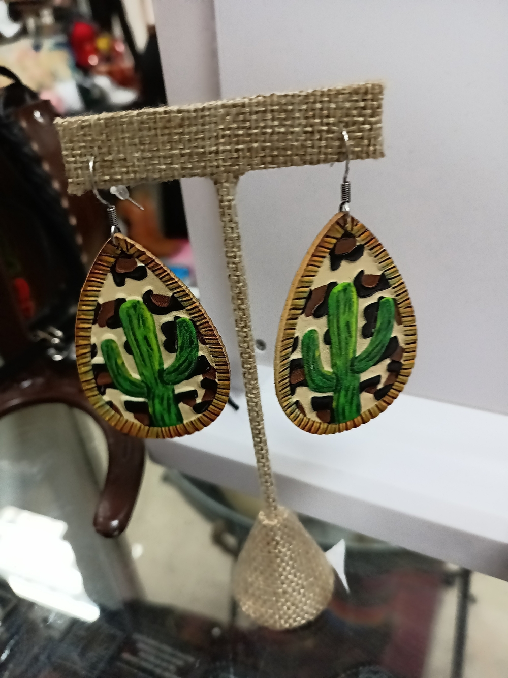 Green Cactus Teardrop Leather Earrings with Leopard Accent